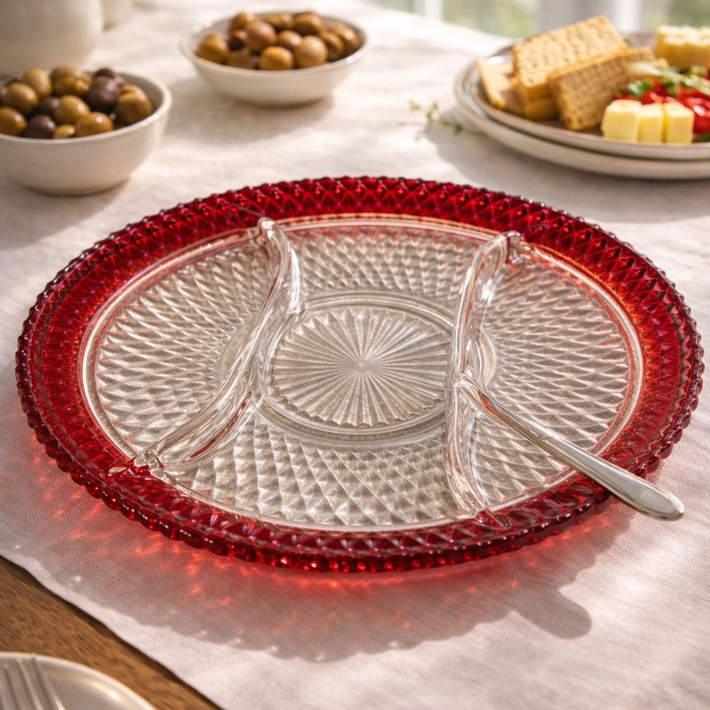 ❤️ Indiana Glass Ruby Flash Divided Relish Tray — Diamond Point Pressed Glass